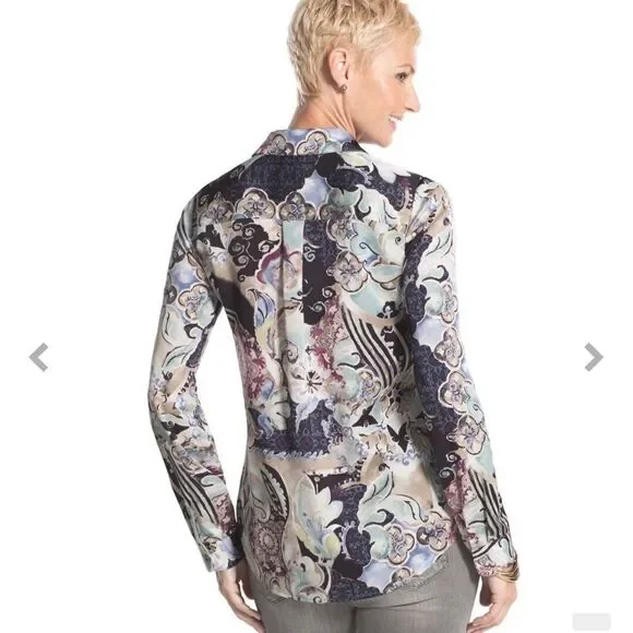 Chicos Mystic Mix Geneva BoHo Silky Shirt Blouse Button Down Paisley Size Small - Picture 2 of 9